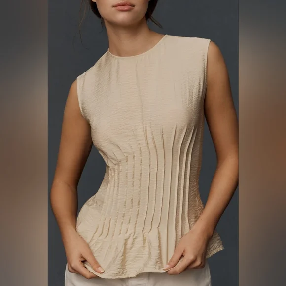 NWT ANTHRO | The Della Pleated Shell Top (Beige) - Picture 2 of 8